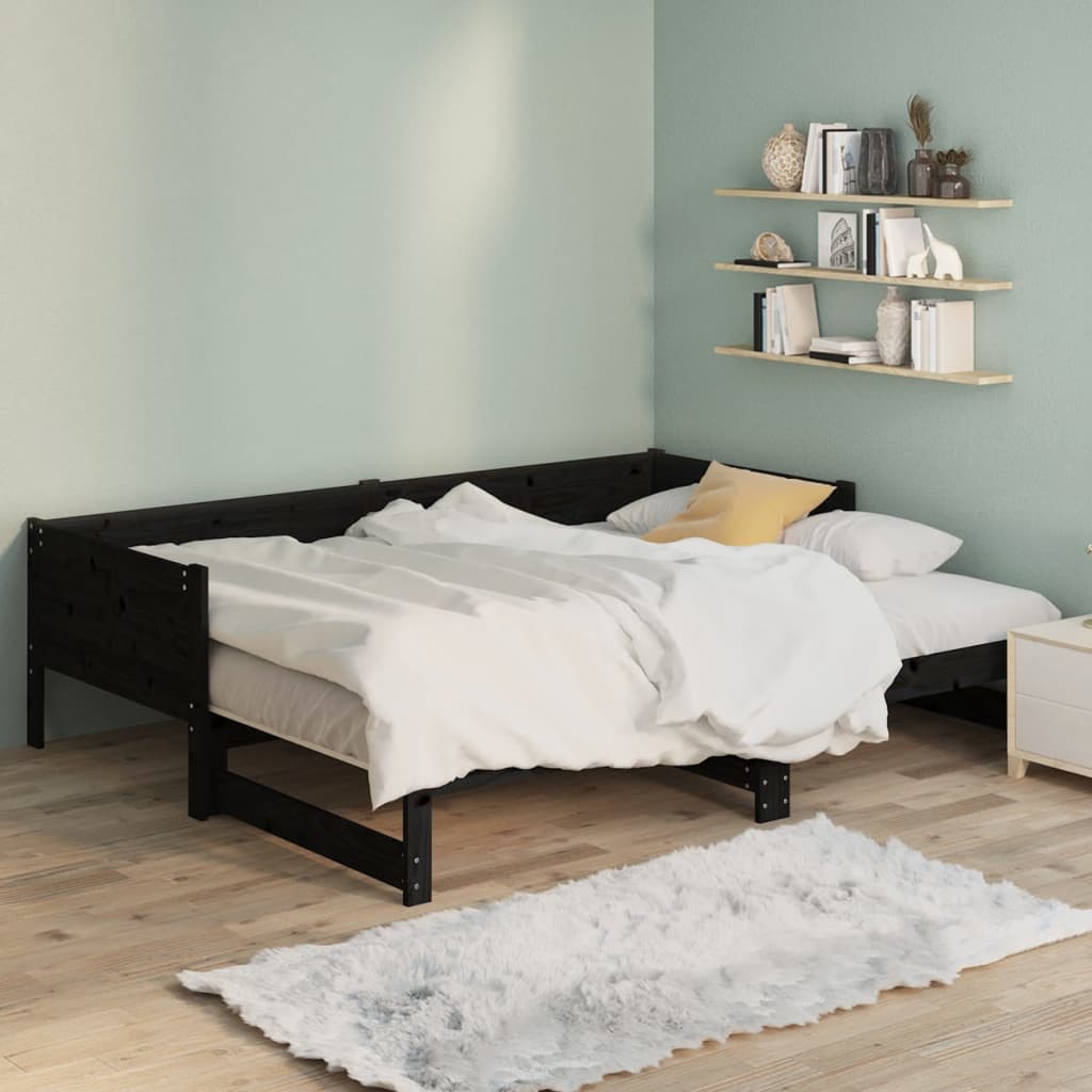 daybed med udtræk 2x(90x200) cm massivt fyrretræ sort