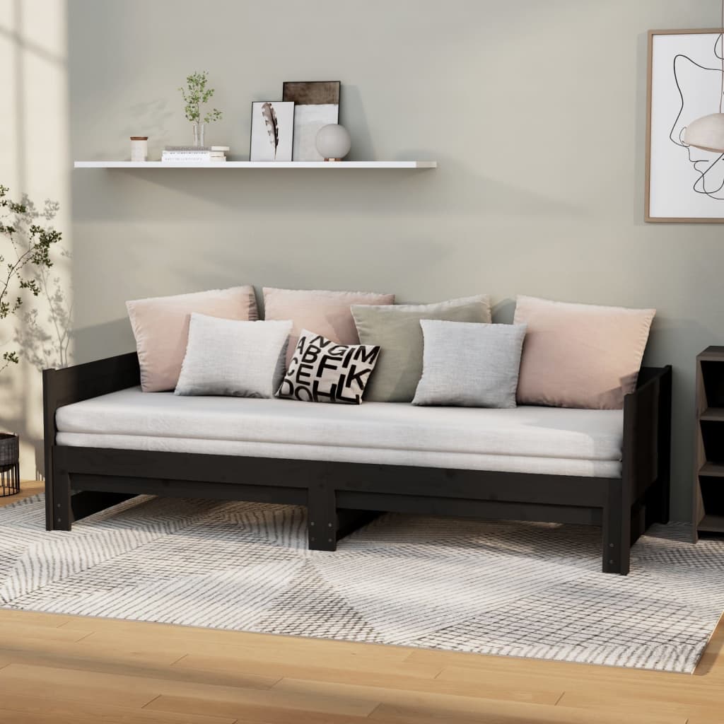 daybed med udtræk 2x(90x200) cm massivt fyrretræ sort