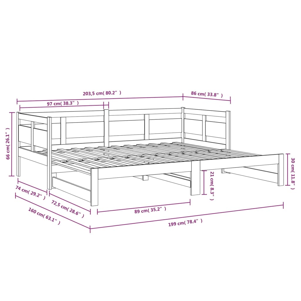 daybed med udtræk 2x(80x200) cm massivt fyrretræ