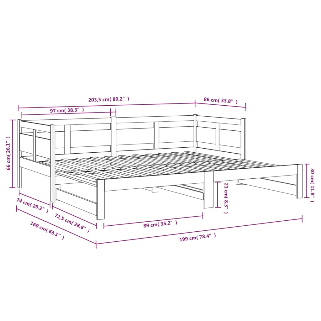 daybed med udtræk 2x(80x200) cm massivt fyrretræ hvid