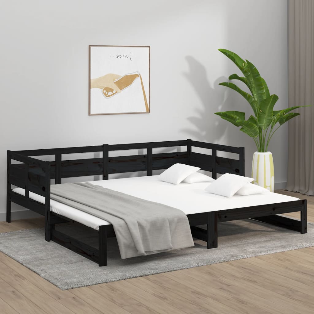 daybed med udtræk 2x(80x200) cm massivt fyrretræ sort