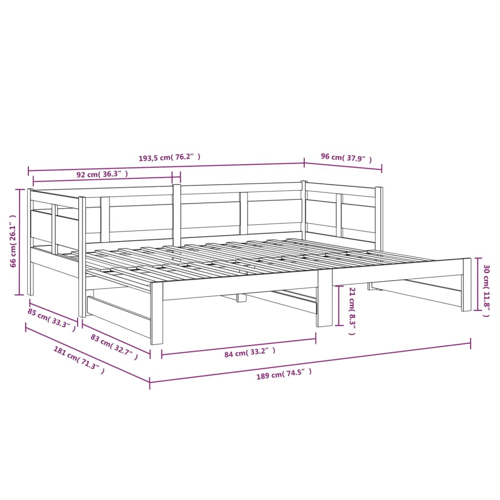 daybed med udtræk 2x(90x190) cm massivt fyrretræ sort