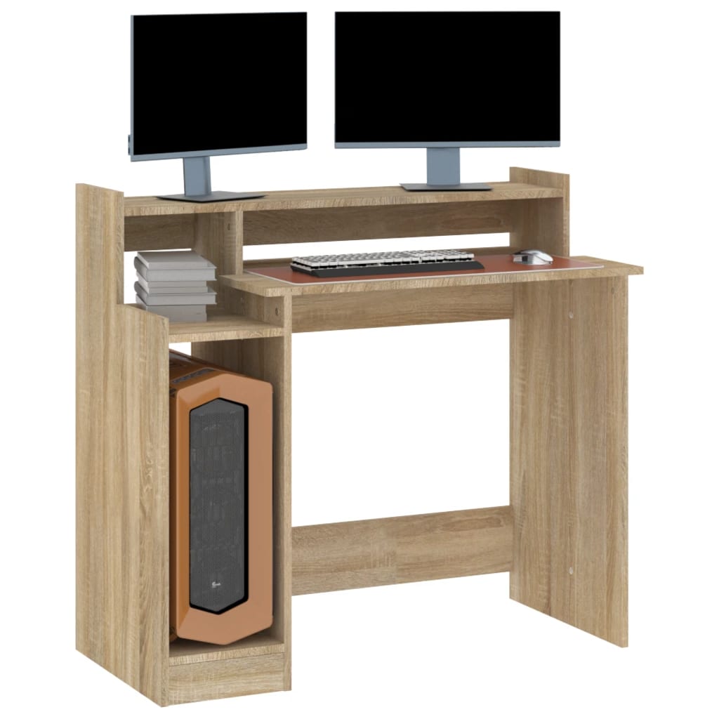 skrivebord med LED-lys 97x45x90 cm konstrueret træ sonoma-eg