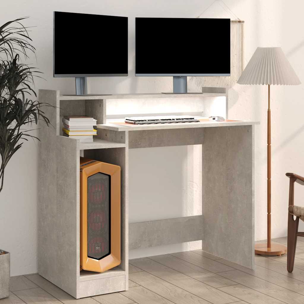 skrivebord med LED-lys 97x45x90 cm konstrueret træ betongrå