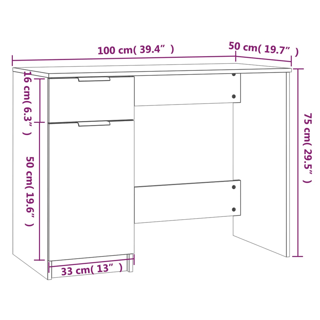 skrivebord 100x50x75 cm konstrueret træ røget egetræsfarve