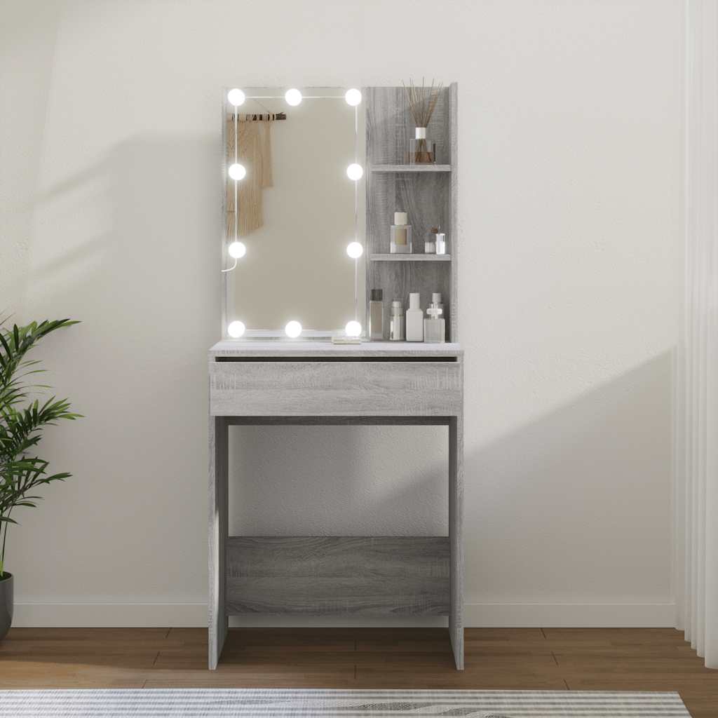 makeupbord med LED-lys 60x40x140 cm grå sonoma-eg