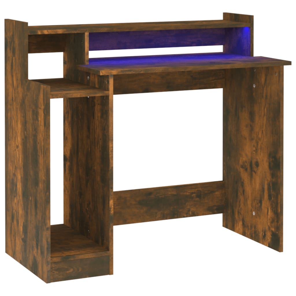 skrivebord med LED-lys 97x45x90 cm konstrueret træ røget eg