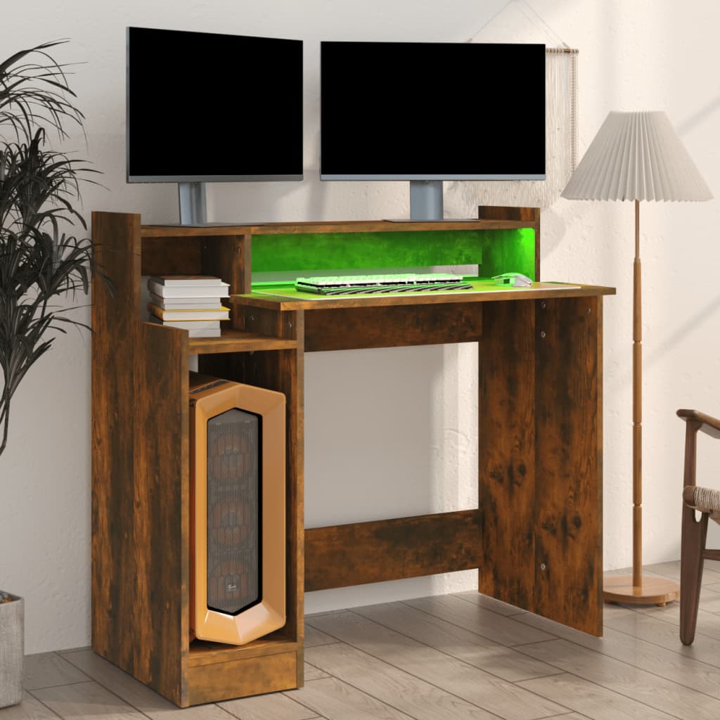 skrivebord med LED-lys 97x45x90 cm konstrueret træ røget eg