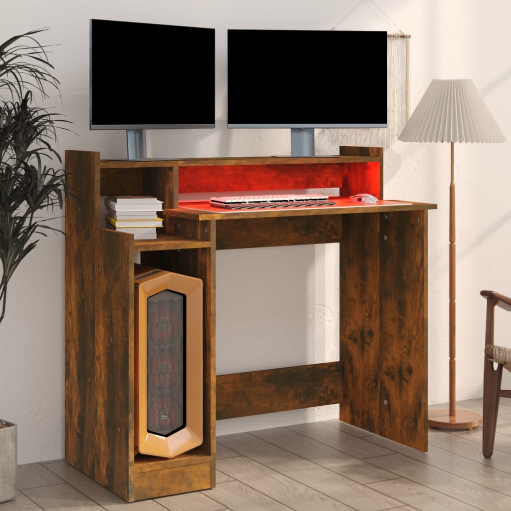 skrivebord med LED-lys 97x45x90 cm konstrueret træ røget eg