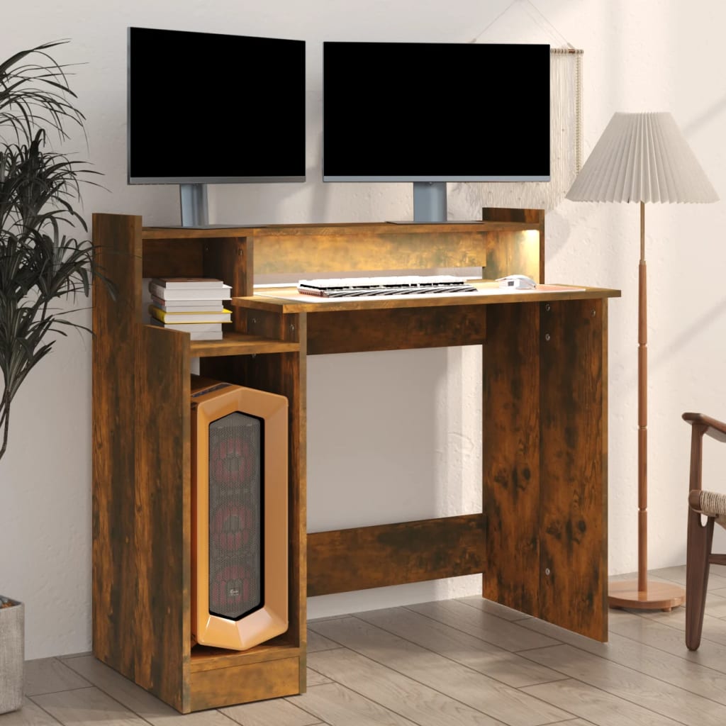 skrivebord med LED-lys 97x45x90 cm konstrueret træ røget eg