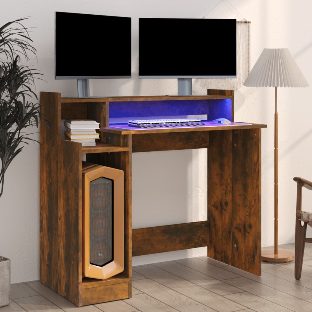 skrivebord med LED-lys 97x45x90 cm konstrueret træ røget eg