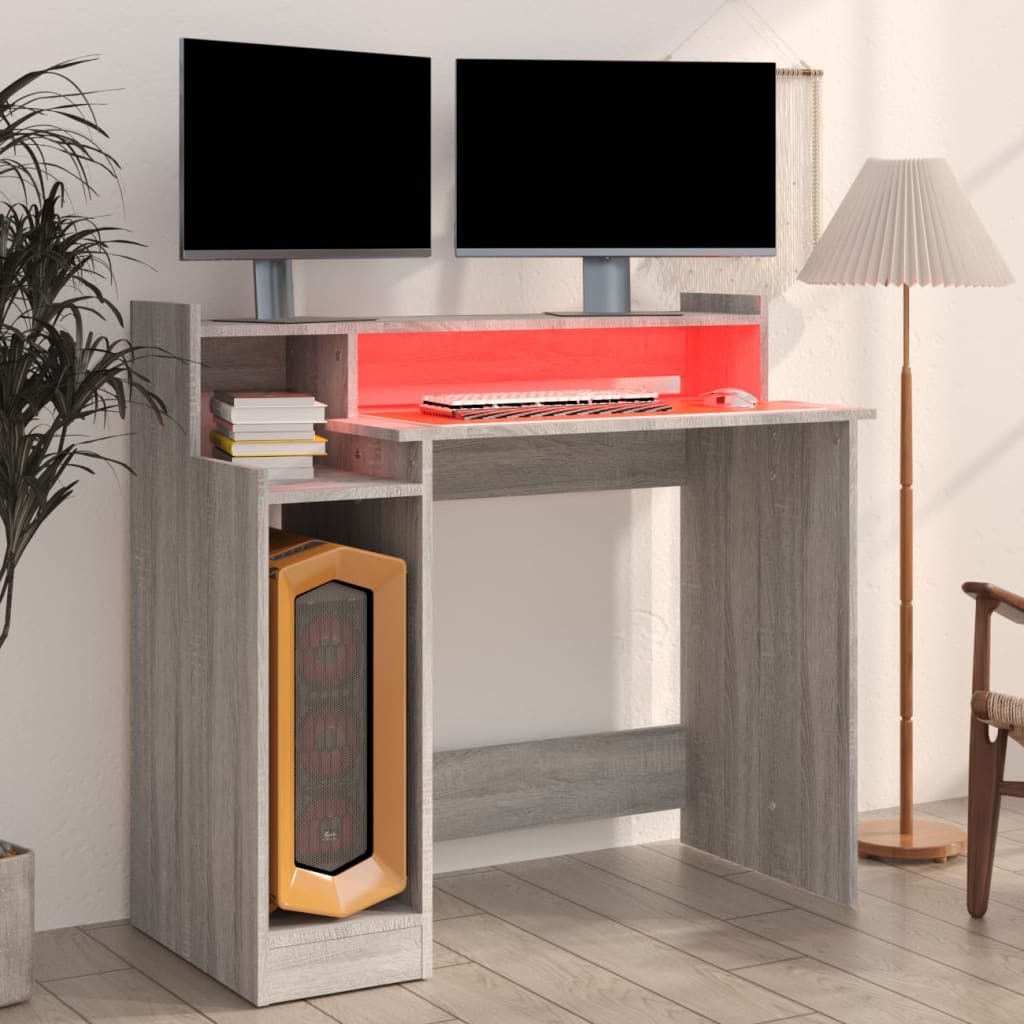 skrivebord m. LED-lys 97x45x90 cm konstrueret træ grå sonoma-eg