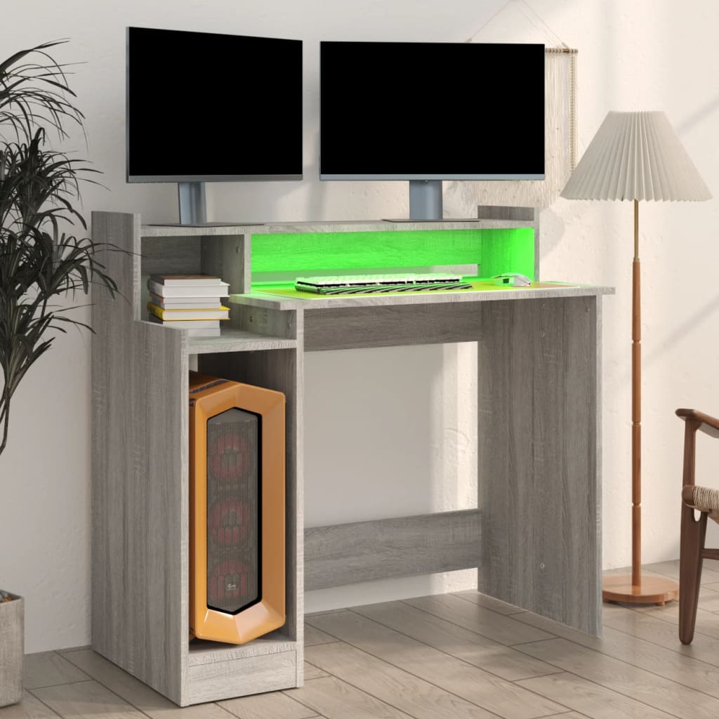 skrivebord m. LED-lys 97x45x90 cm konstrueret træ grå sonoma-eg