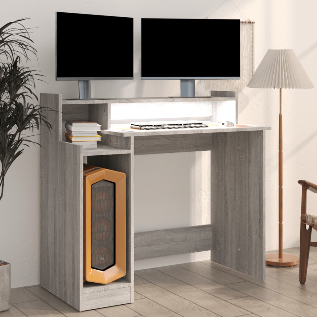 skrivebord m. LED-lys 97x45x90 cm konstrueret træ grå sonoma-eg