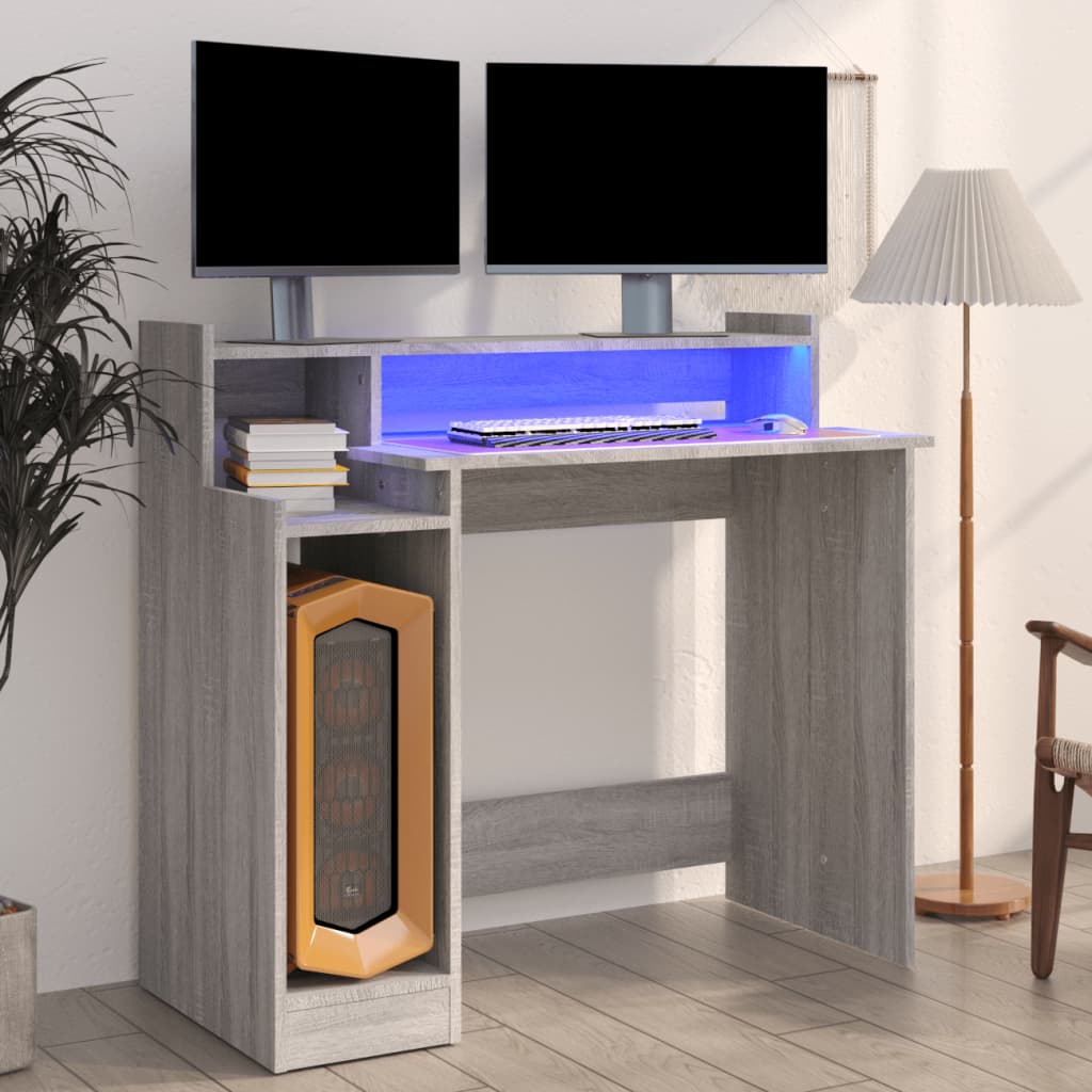 skrivebord m. LED-lys 97x45x90 cm konstrueret træ grå sonoma-eg