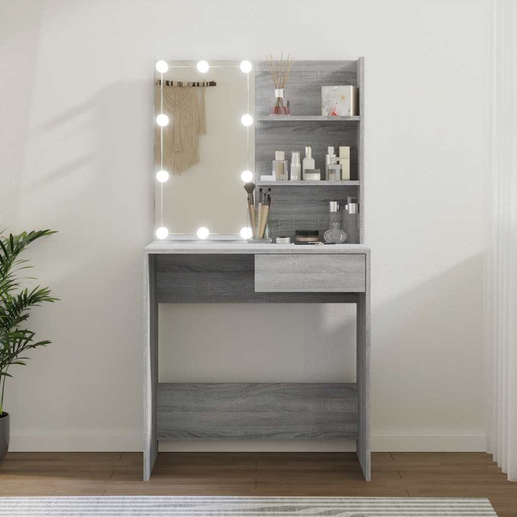 makeupbord med LED-lys 74,5x40x141 cm grå sonoma-eg