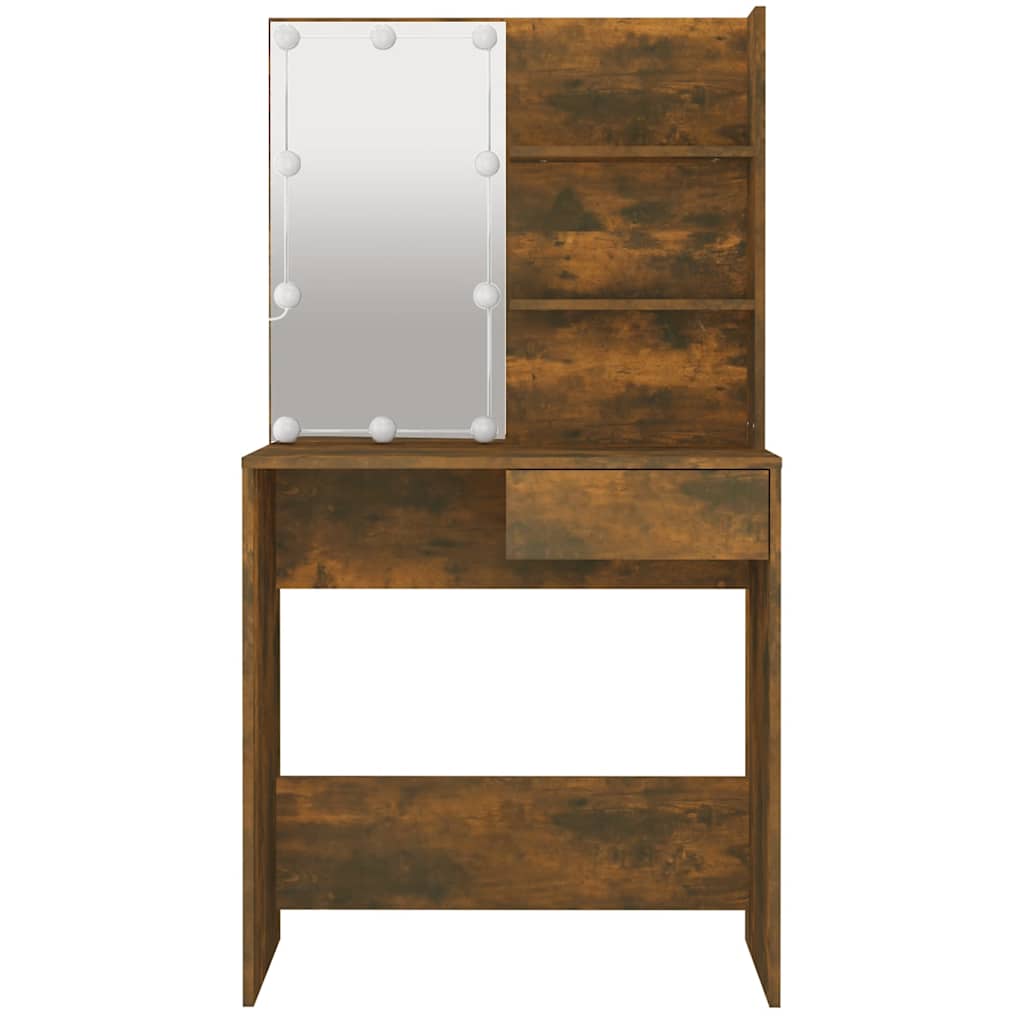 makeupbord med LED-lys 74,5x40x141 cm brun egetræsfarve