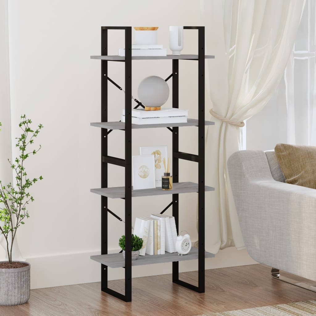 bogreol m. 4 hylder 60x30x140 cm konstrueret træ grå sonoma