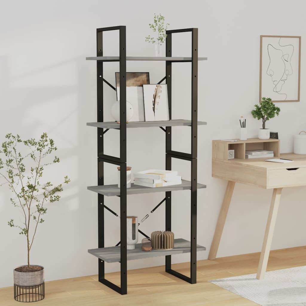 bogreol m. 4 hylder 60x30x140 cm konstrueret træ grå sonoma