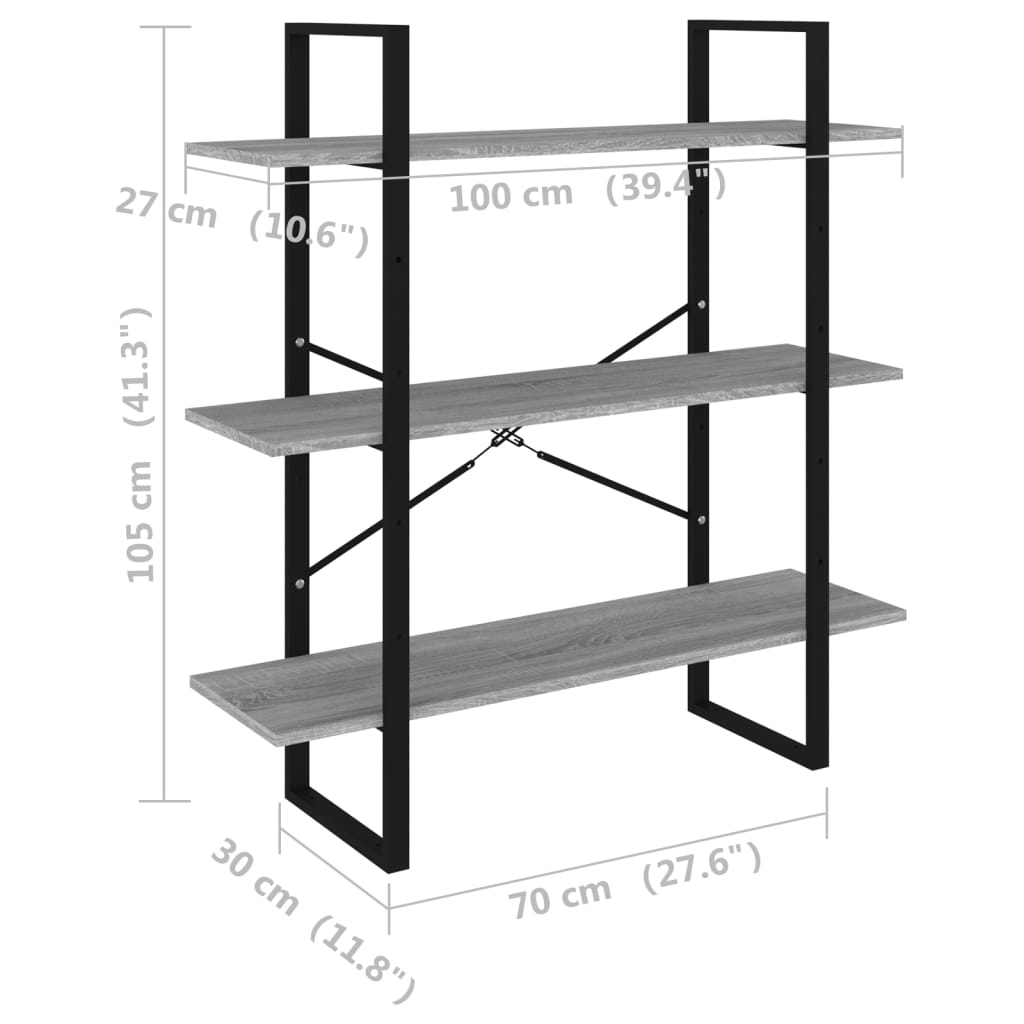 bogreol 100x30x105 cm konstrueret træ grå sonoma-eg