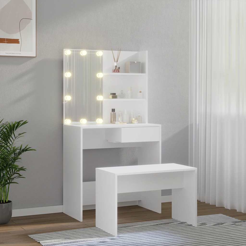 makeupbordssæt med LED-lys konstrueret træ hvid