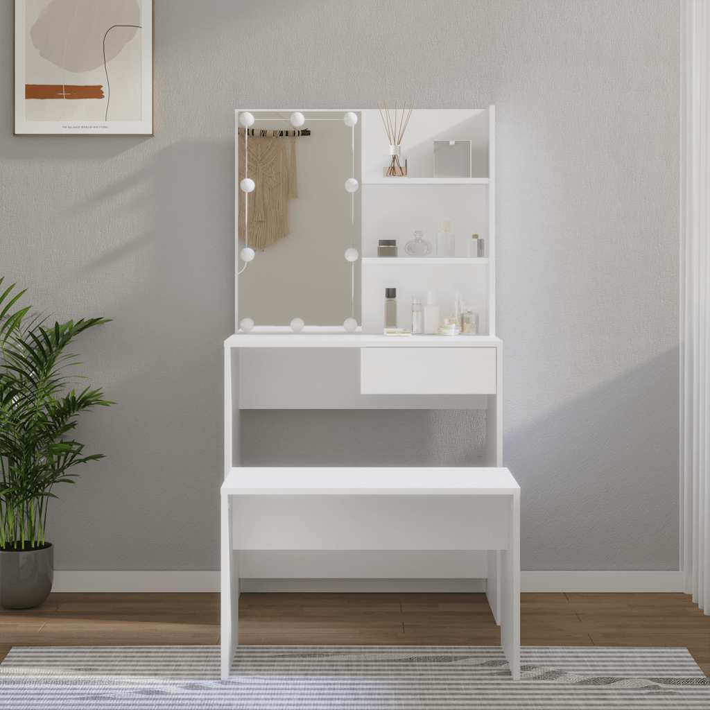 makeupbordssæt med LED-lys konstrueret træ hvid
