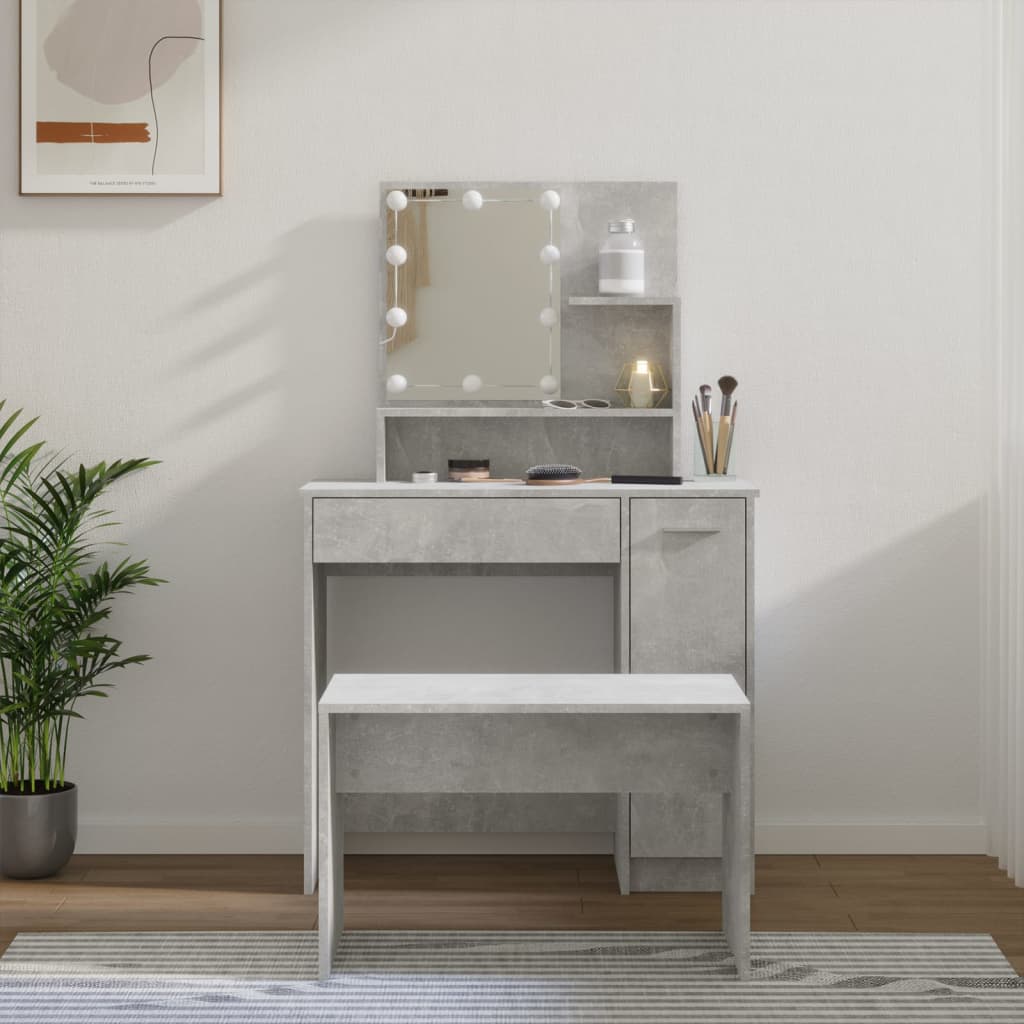 makeupbordssæt med LED-lys konstrueret træ betongrå