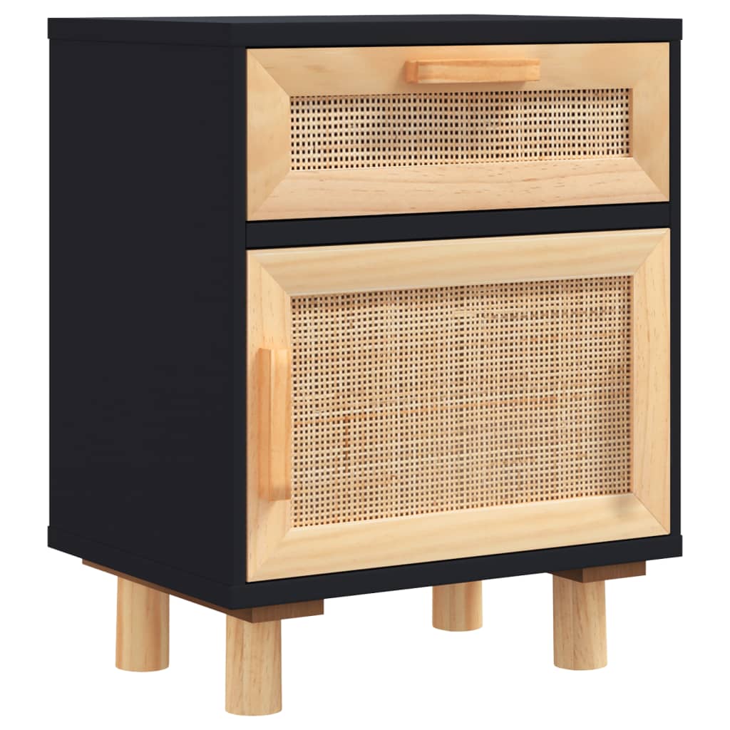 sengebord massivt fyrretræ og naturlig rattan sort