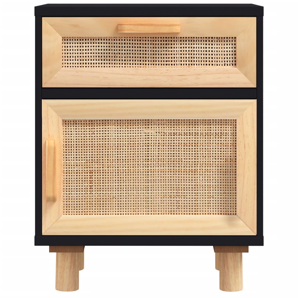 sengebord massivt fyrretræ og naturlig rattan sort