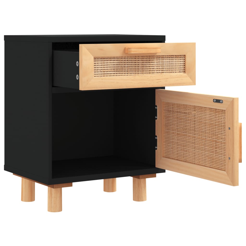 sengebord massivt fyrretræ og naturlig rattan sort