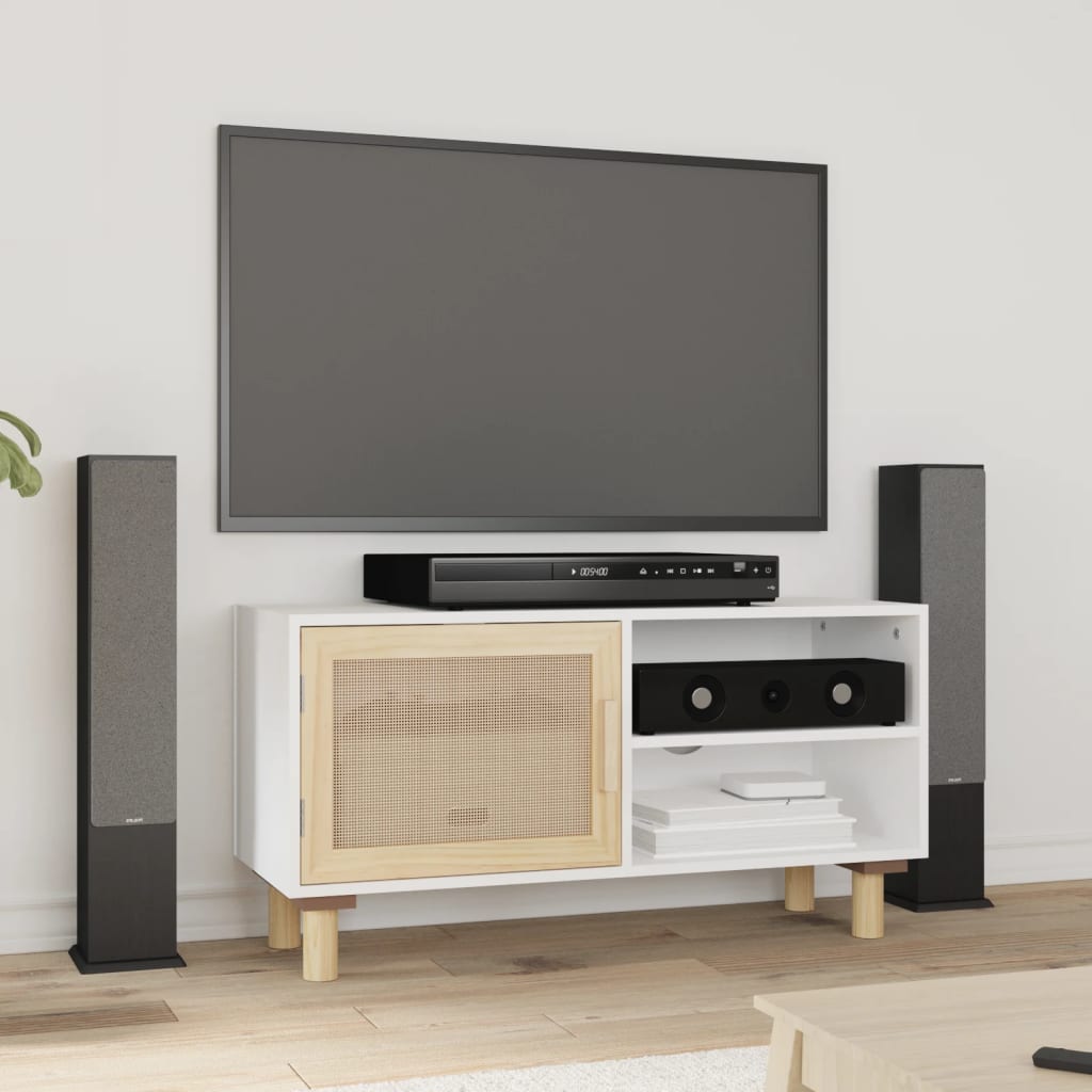 tv-bord 80x30x40 cm massivt fyrretræ og naturlig rattan hvid