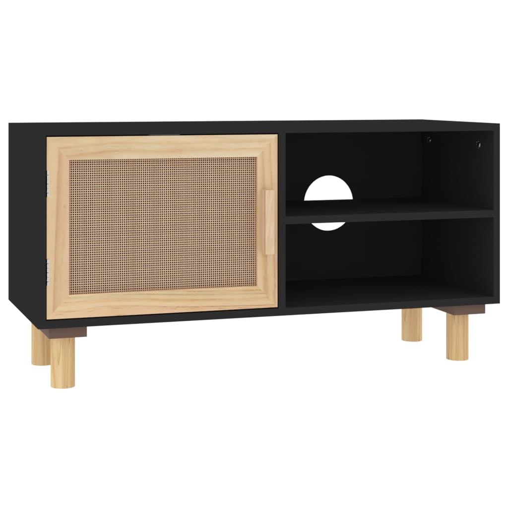 tv-bord 80x30x40 cm massivt fyrretræ og naturlig rattan sort