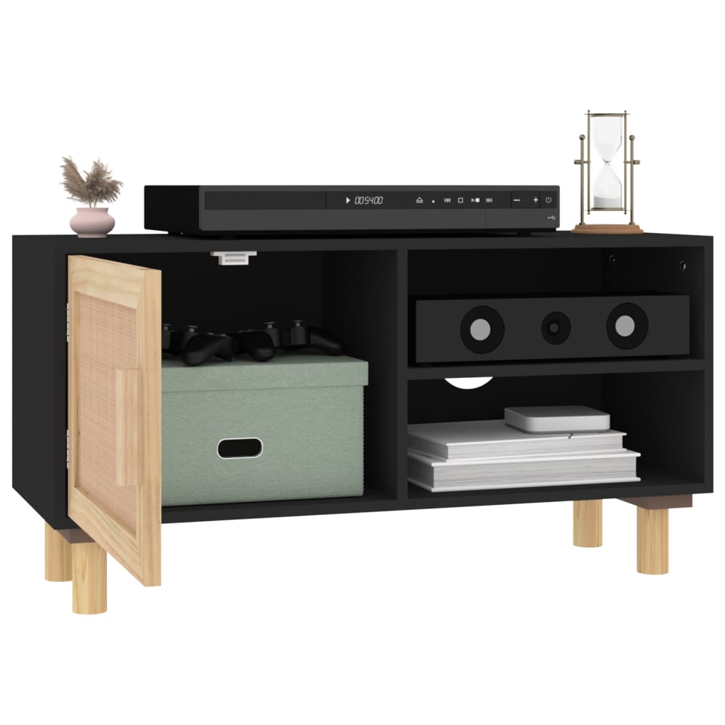 tv-bord 80x30x40 cm massivt fyrretræ og naturlig rattan sort