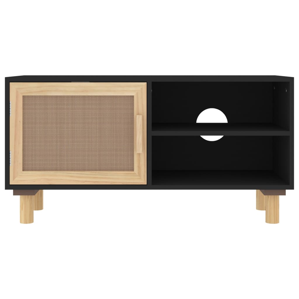 tv-bord 80x30x40 cm massivt fyrretræ og naturlig rattan sort