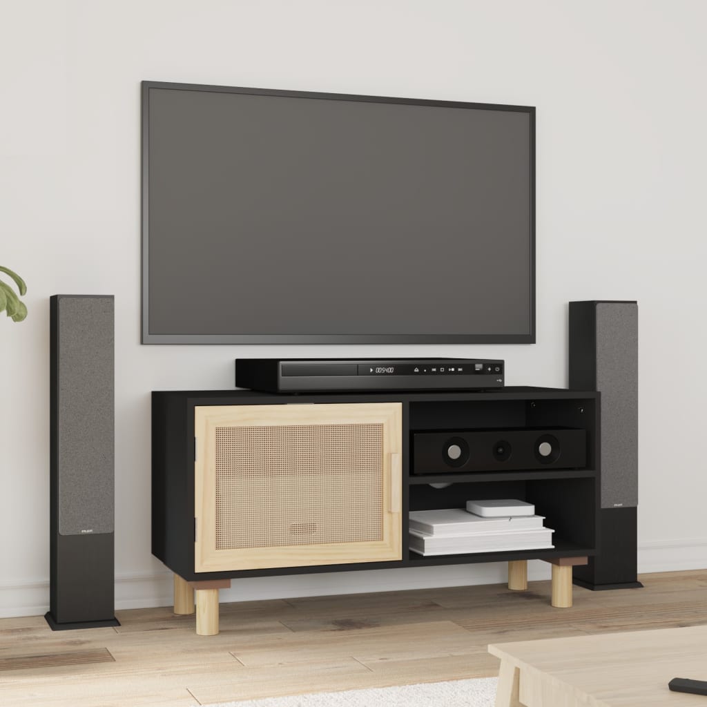 tv-bord 80x30x40 cm massivt fyrretræ og naturlig rattan sort