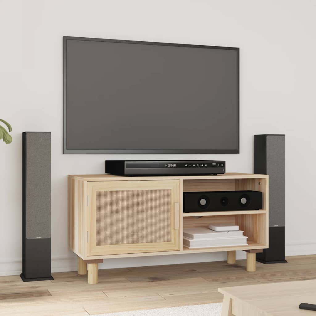 tv-bord 80x30x40 cm massivt fyrretræ og naturlig rattan brun