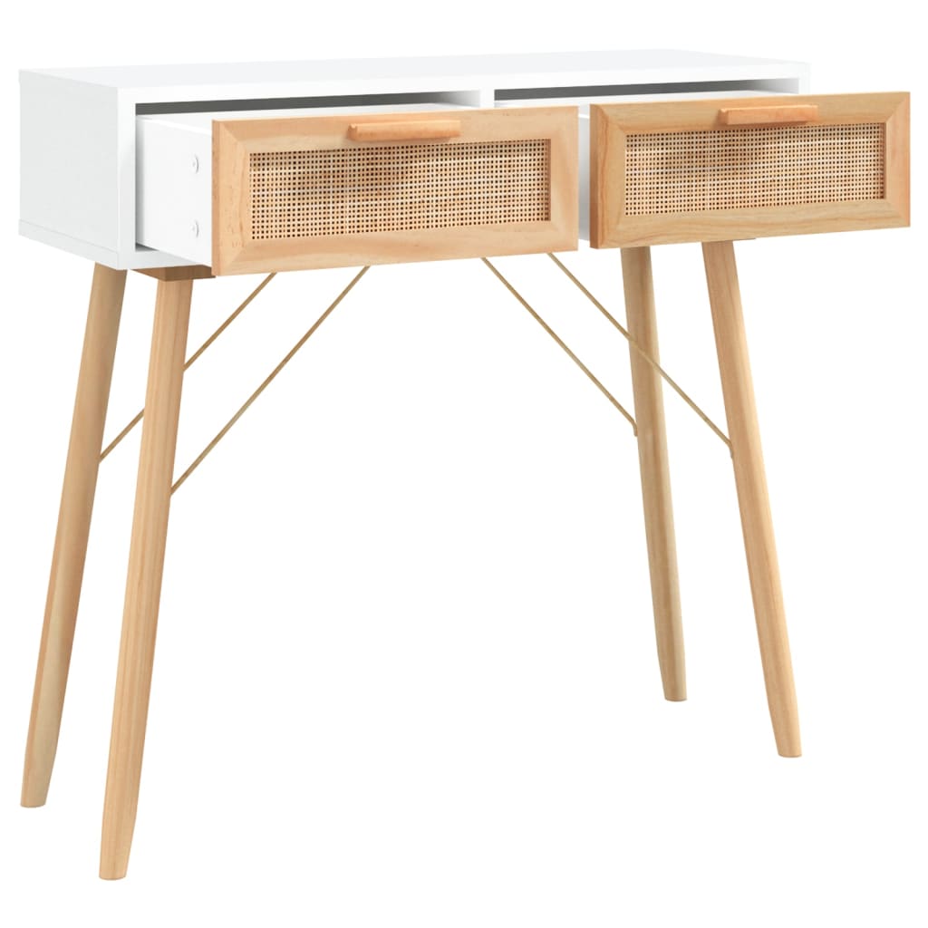 konsolbord 80x30x75 cm massivt fyrretræ og naturlig rattan hvid