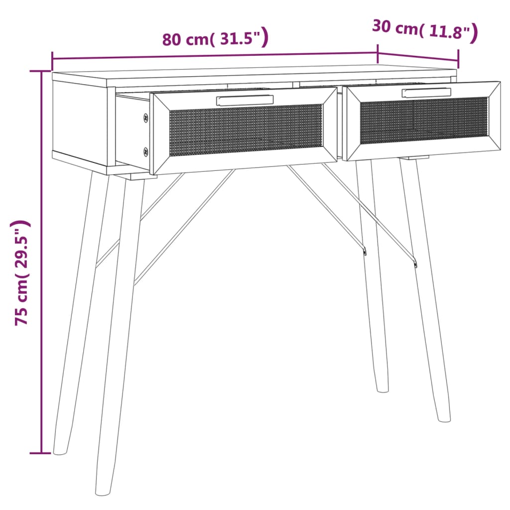 konsolbord 80x30x75 cm massivt fyrretræ og naturlig rattan hvid