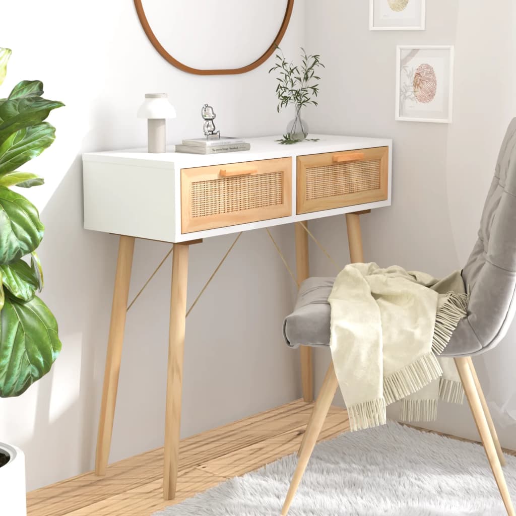 konsolbord 80x30x75 cm massivt fyrretræ og naturlig rattan hvid