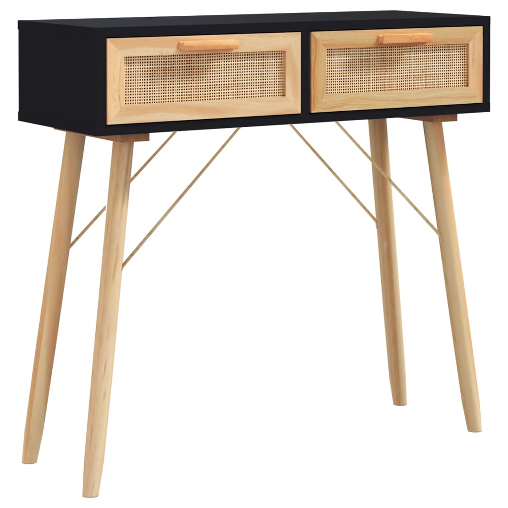 konsolbord 80x30x75 cm massivt fyrretræ naturlig rattan sort