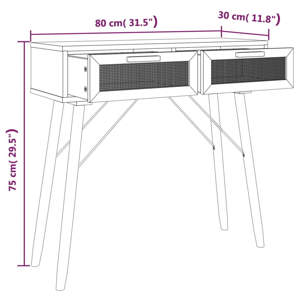konsolbord 80x30x75 cm massivt fyrretræ naturlig rattan brun