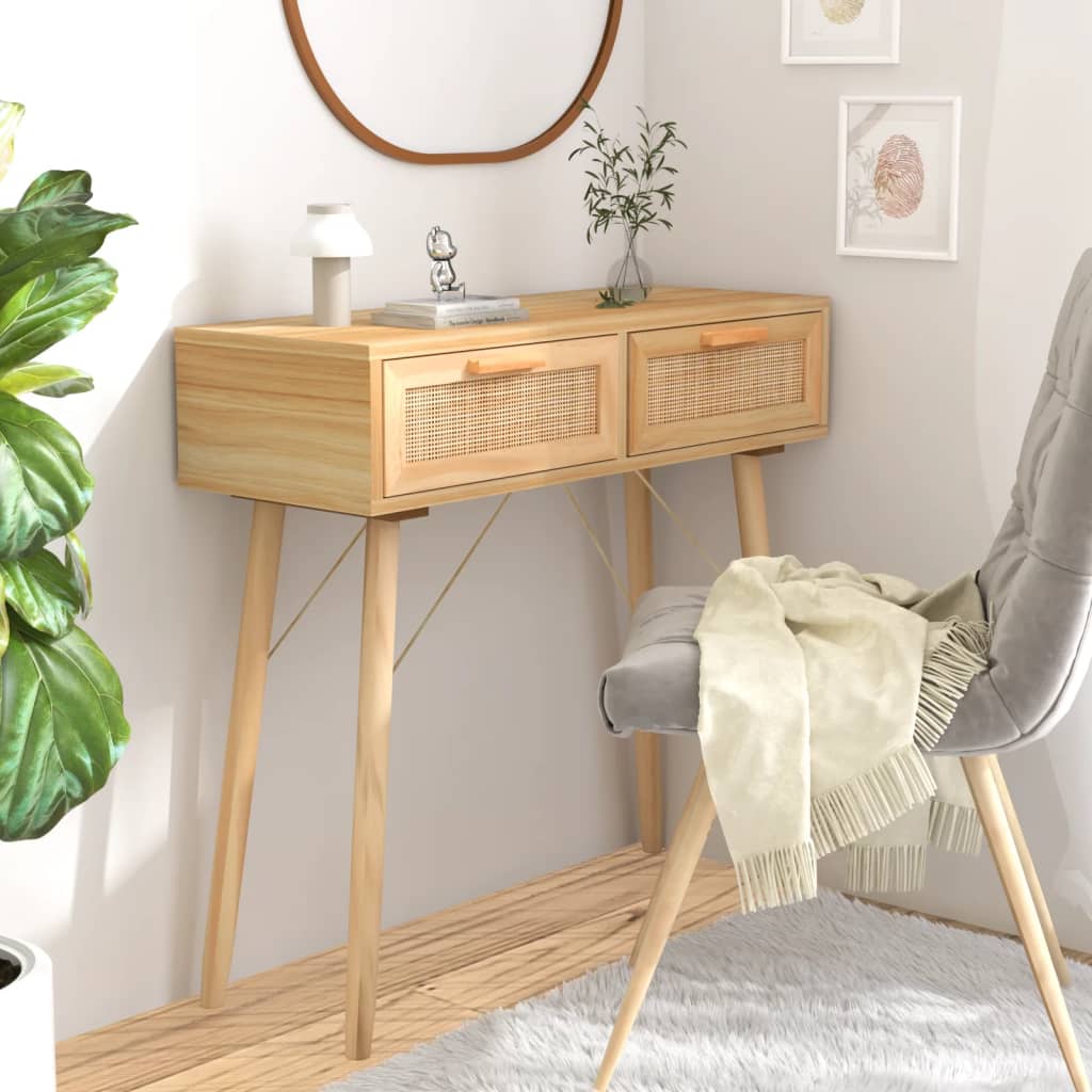 konsolbord 80x30x75 cm massivt fyrretræ naturlig rattan brun