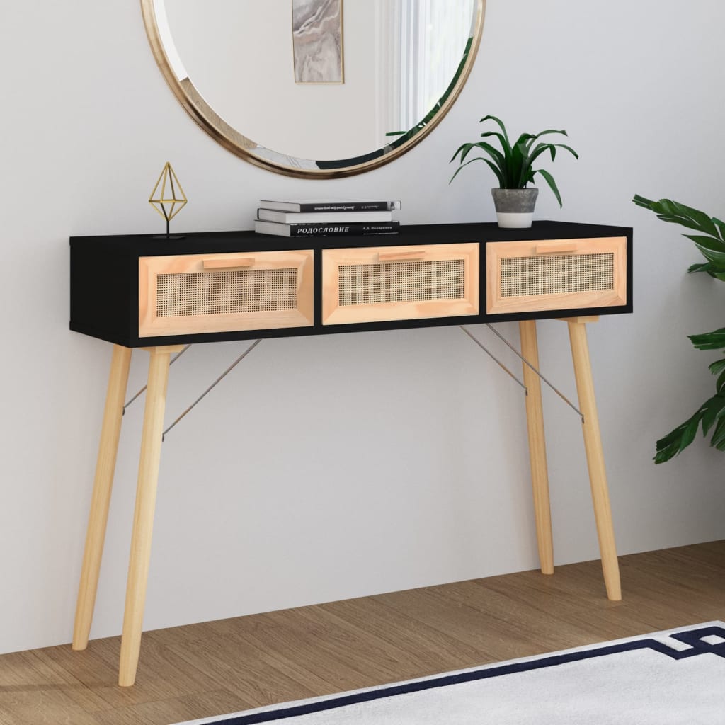 konsolbord 105x30x75 cm massivt fyrretræ naturlig rattan sort