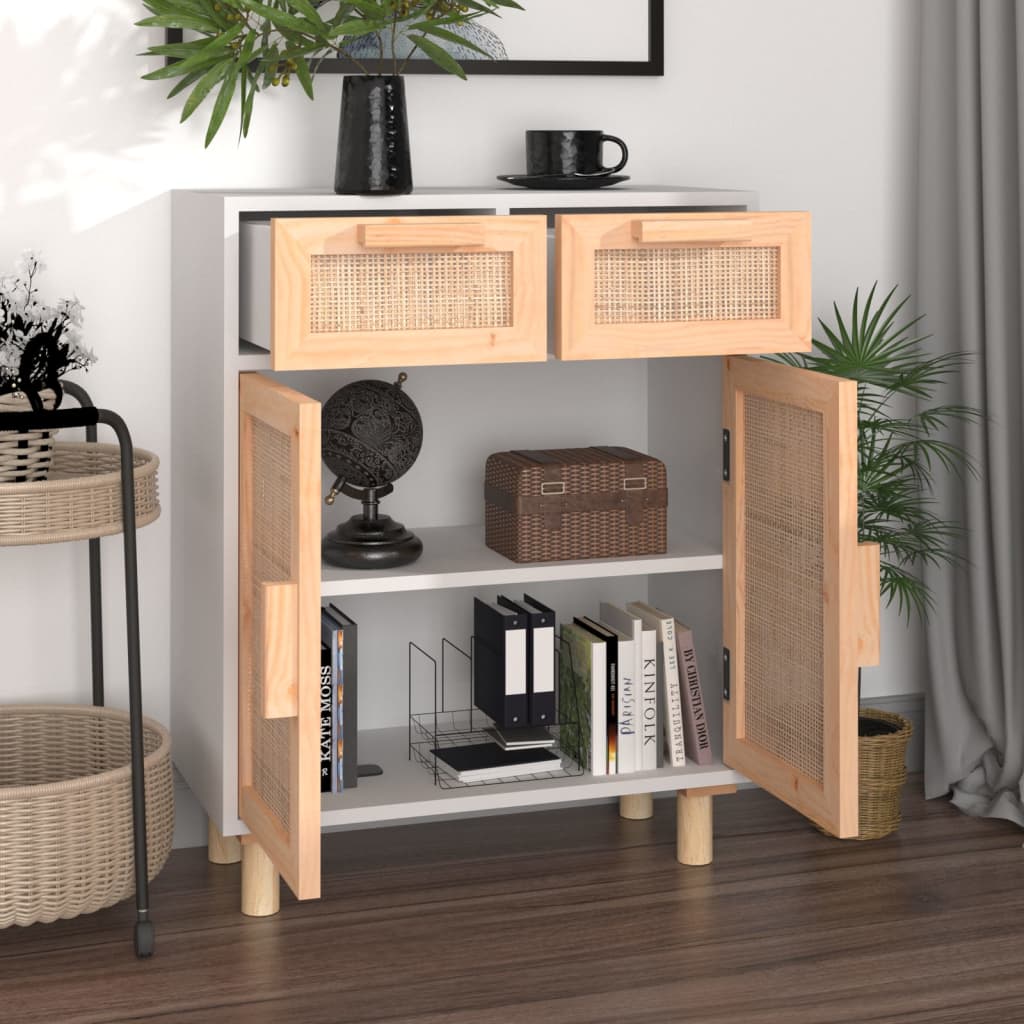 skænk 60x30x75 cm massivt fyrretræ og naturlig rattan hvid
