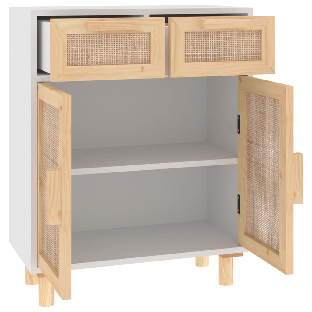 skænk 60x30x75 cm massivt fyrretræ og naturlig rattan hvid