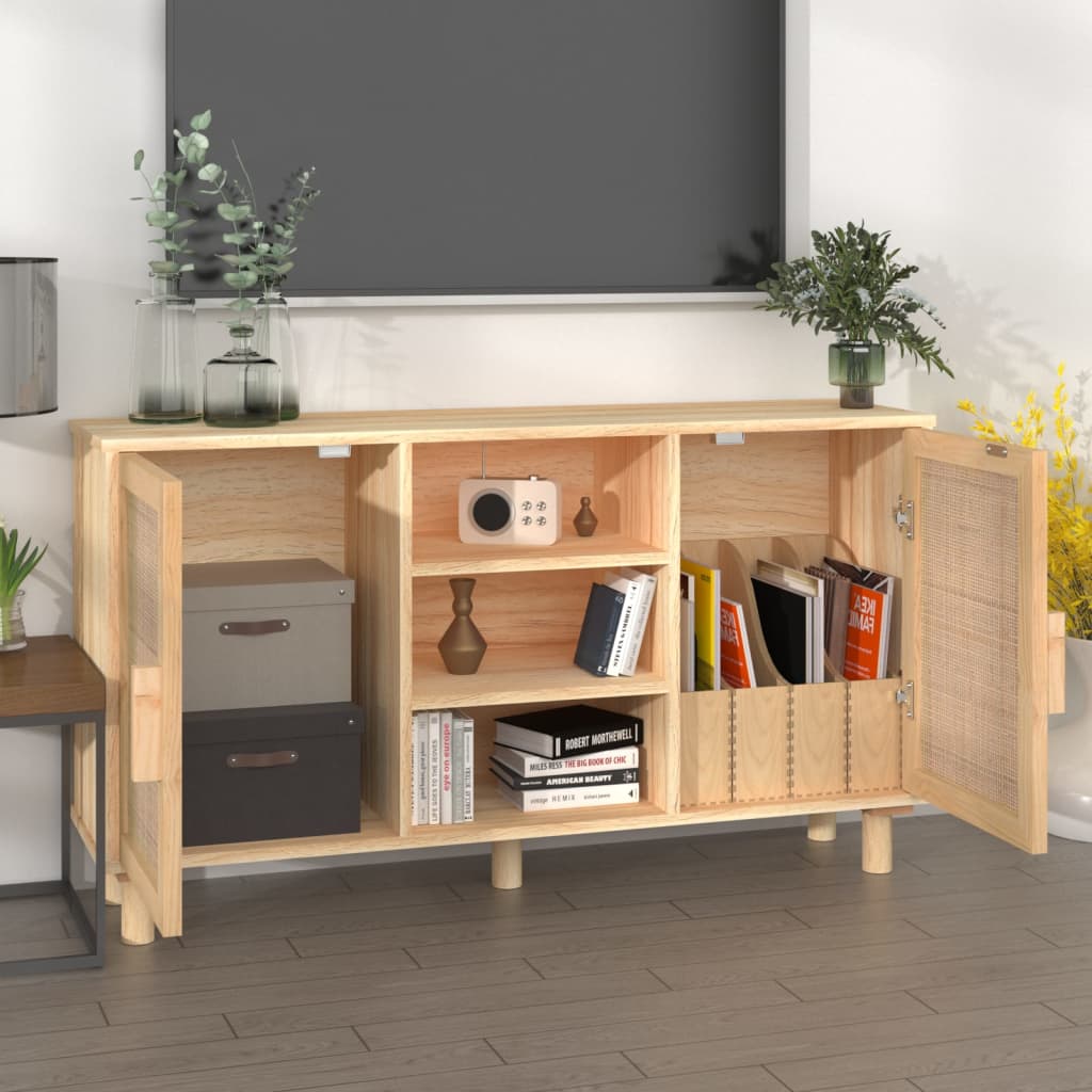 skænk 105x30x60 cm massivt fyrretræ og naturlig rattan brun