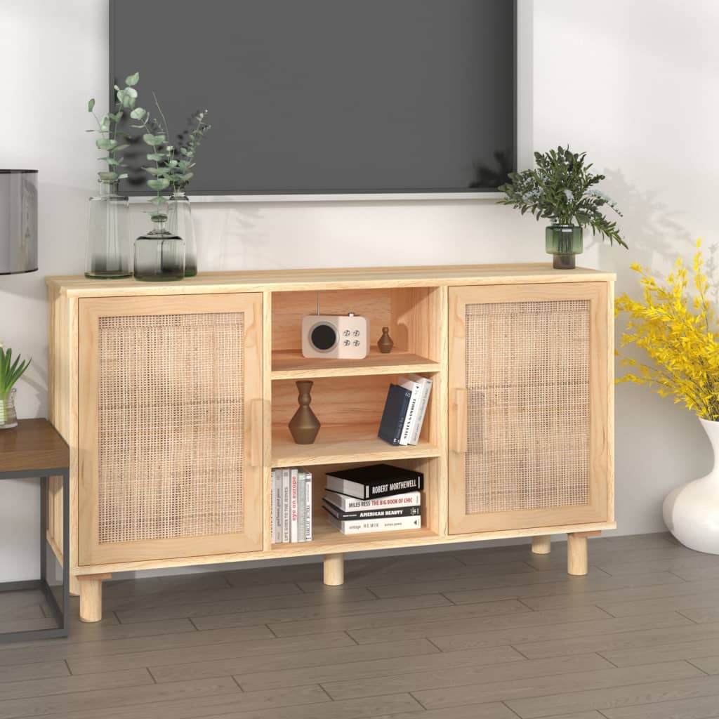 skænk 105x30x60 cm massivt fyrretræ og naturlig rattan brun
