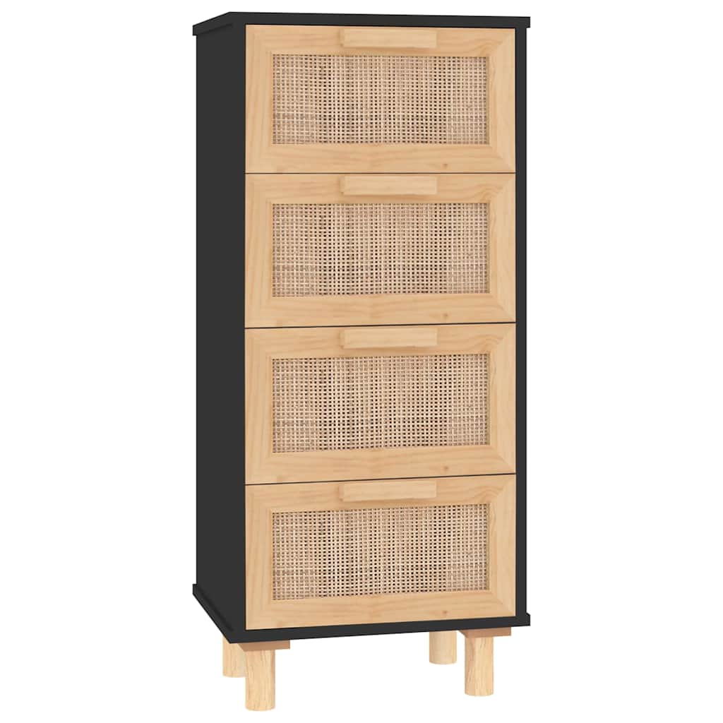 skænk 40x30x90 cm massivt fyrretræ og naturlig rattan sort