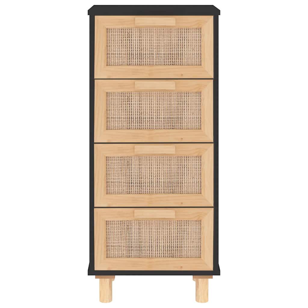 skænk 40x30x90 cm massivt fyrretræ og naturlig rattan sort