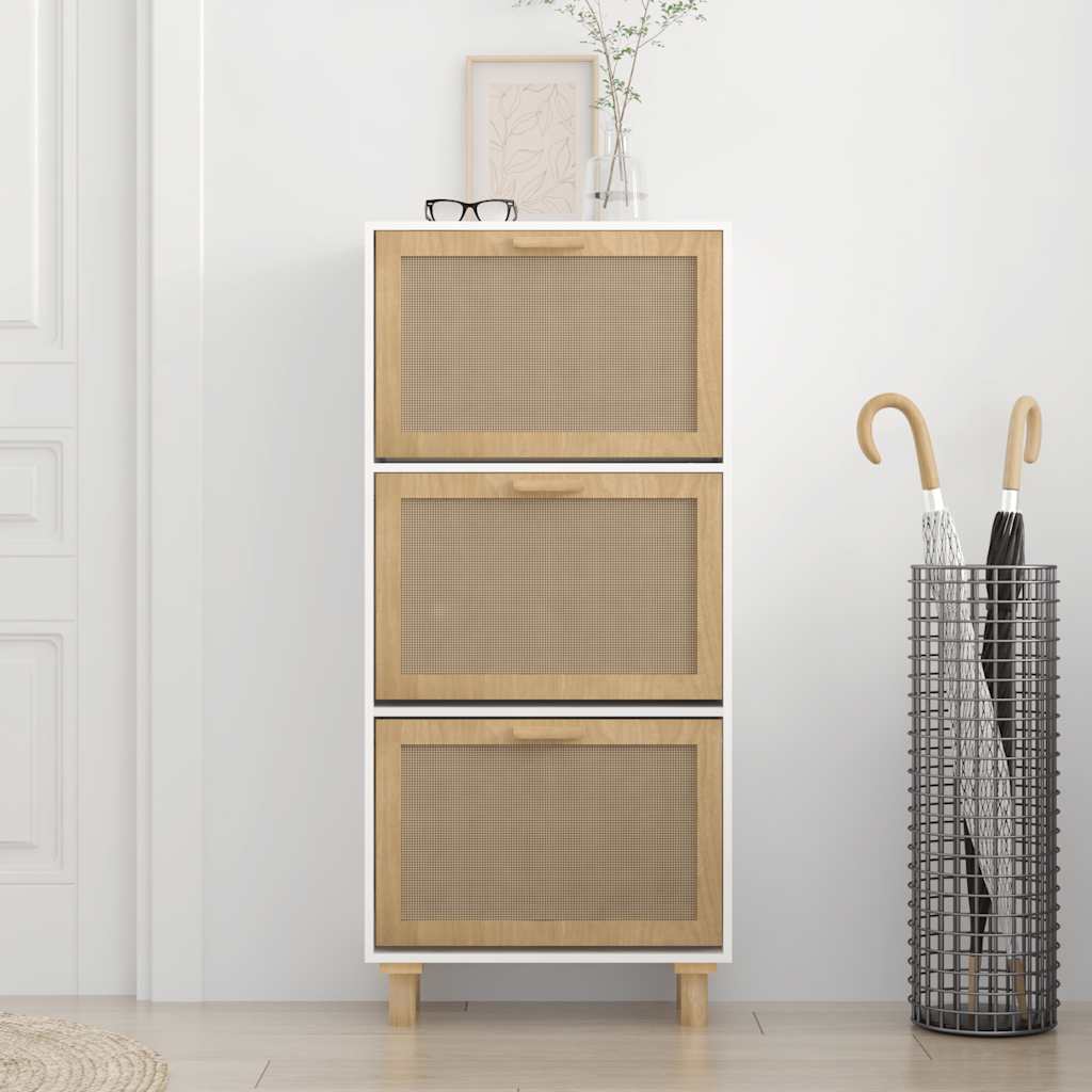 skoskab 52x25x115 cm konstrueret træ og naturlig rattan hvid